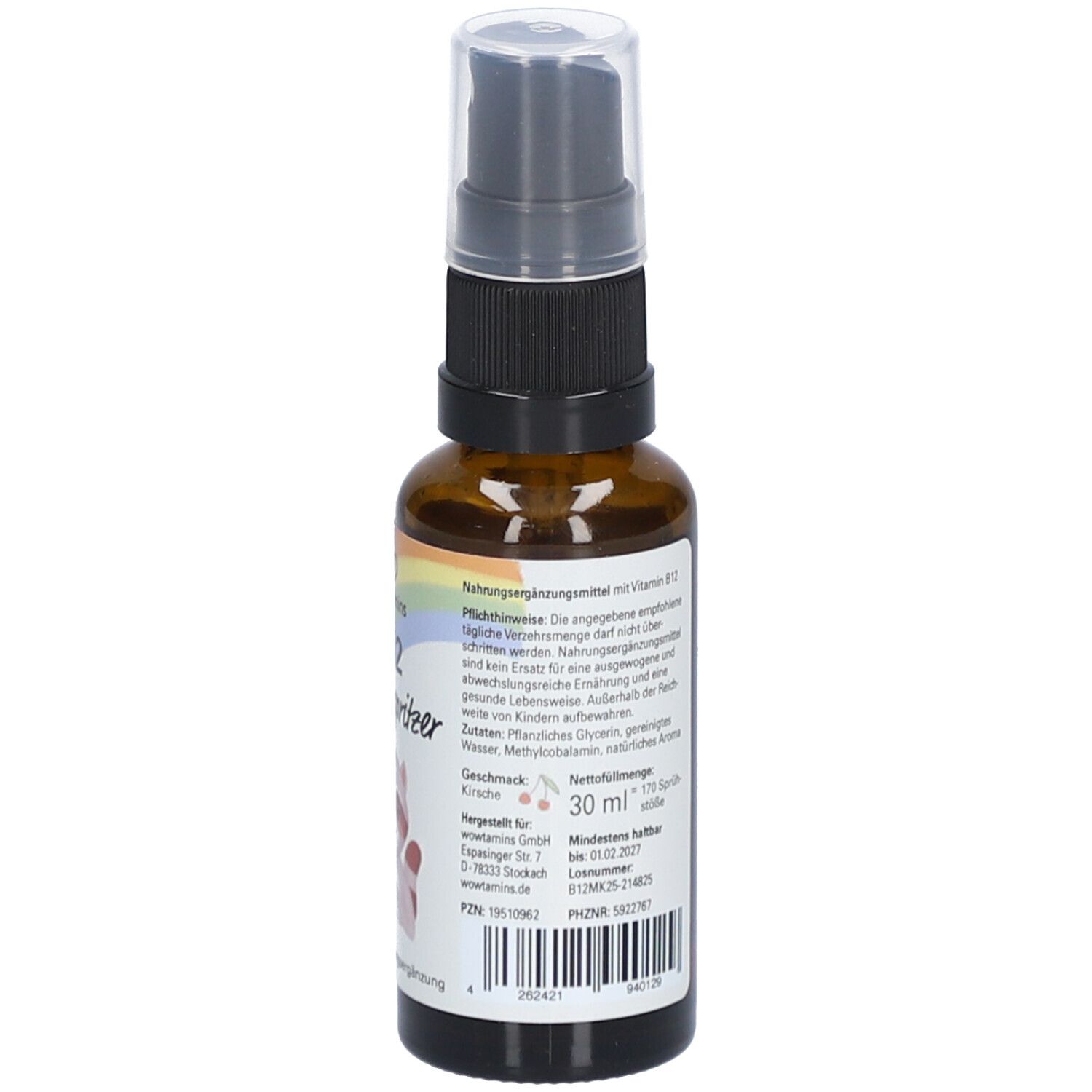 Flacon en verre brun avec vaporisateur. Étiquette avec texte, informations nutritionnelles et ingrédients. 30 ml.