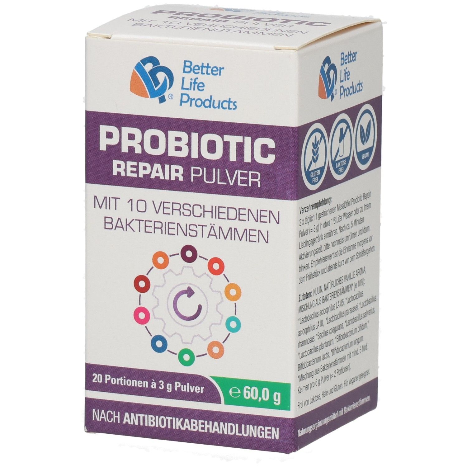 Boîte Better Life Products® Probiotic Repair Pulver. Blanc, violet et bleu. Contient 10 souches bactériennes.