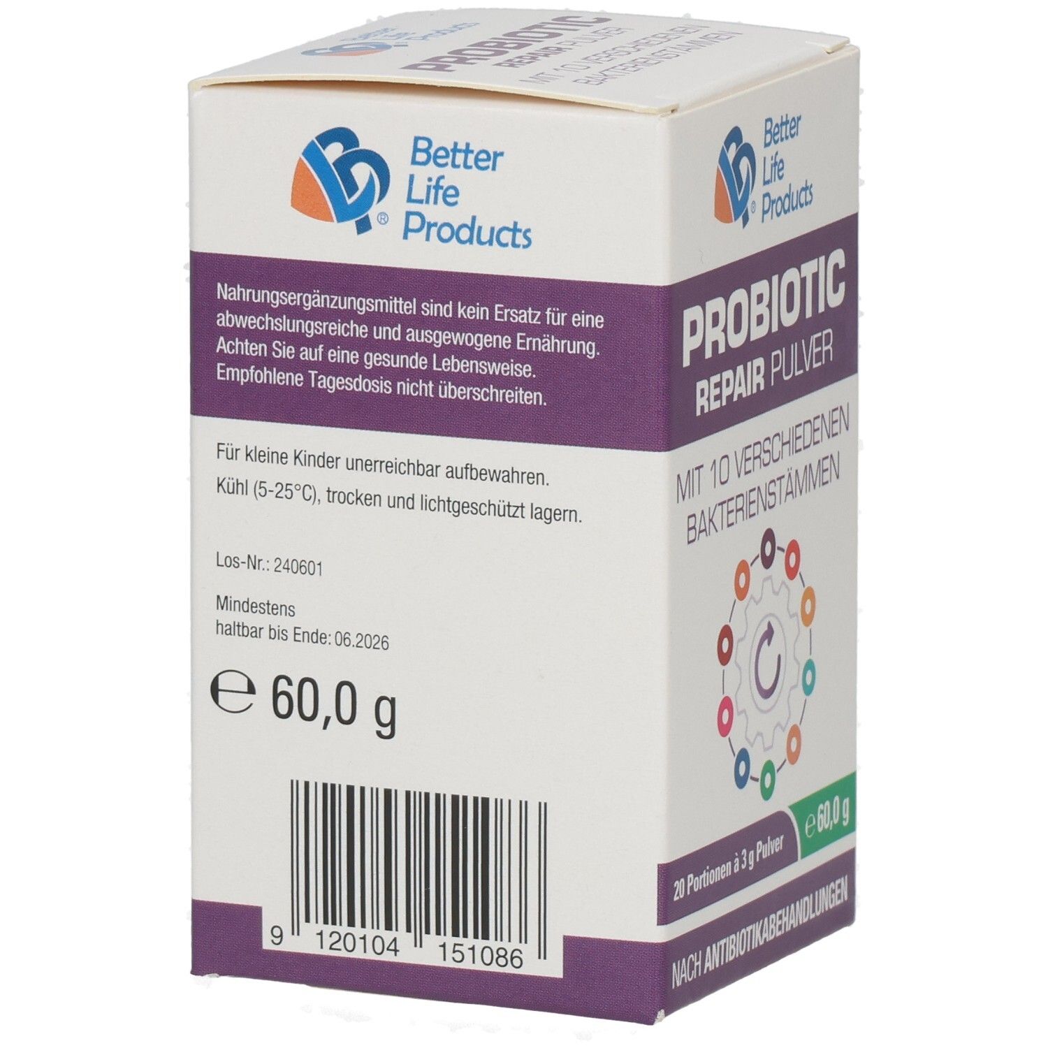 Boîte Better Life Products® Probiotic Repair Pulver. Dos avec informations et code-barres.