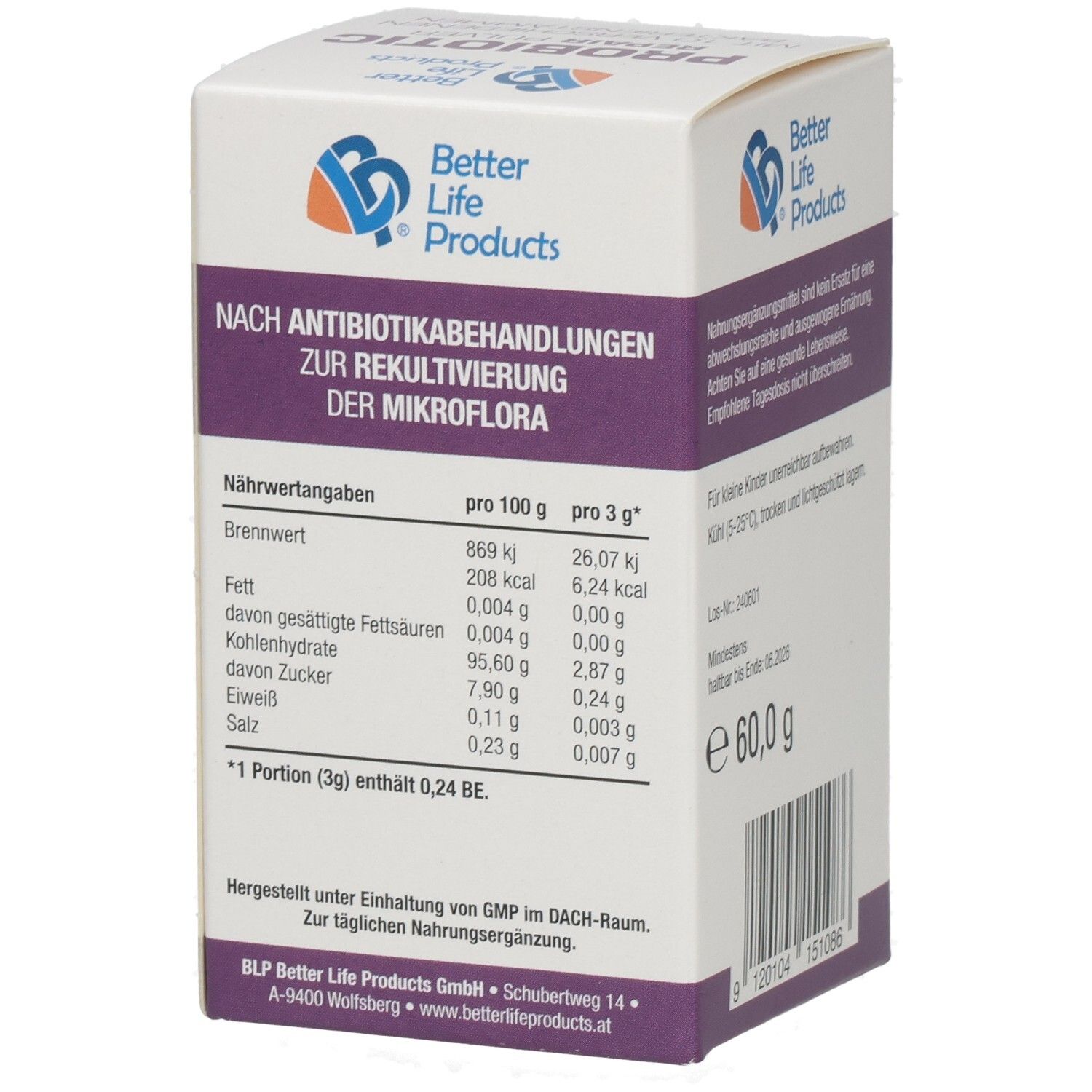 Boîte Better Life Products® Probiotic Repair Pulver. Dos avec informations nutritionnelles.