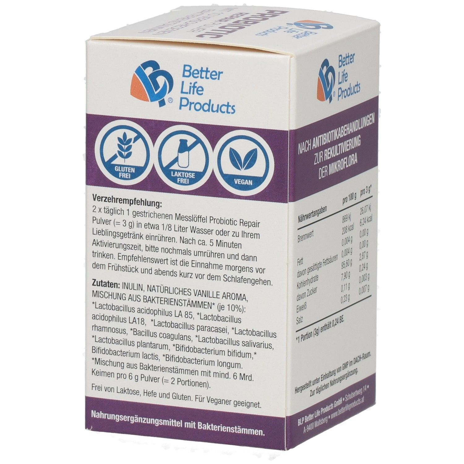 Boîte Better Life Products® Probiotic Repair Pulver. Dos avec ingrédients et logos.