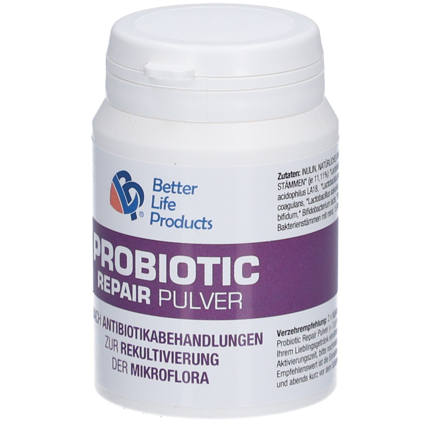 Boîte Better Life Products® Probiotic Repair Pulver. Face avant avec nom du produit et logo.