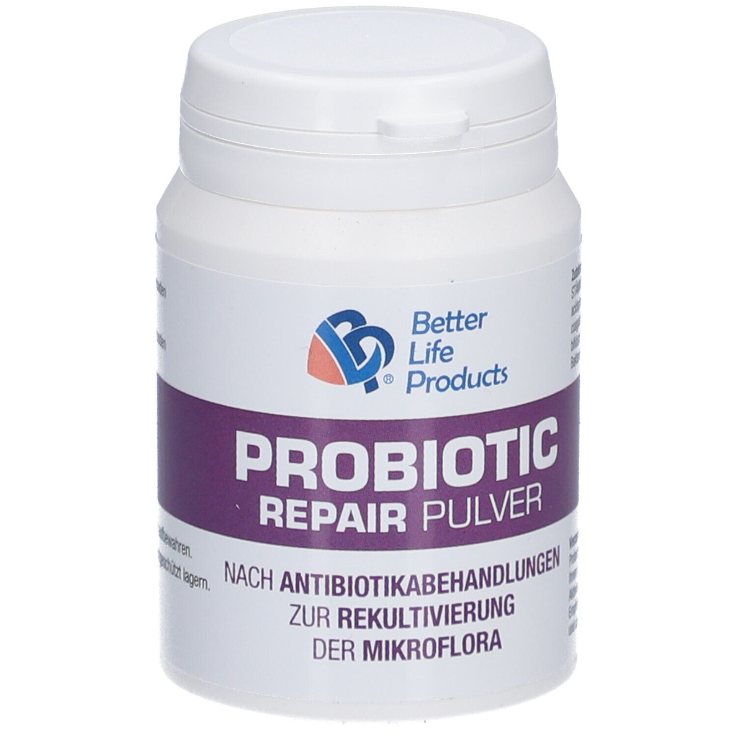 Boîte Better Life Products® Probiotic Repair Pulver. Face avant avec nom du produit et logo.