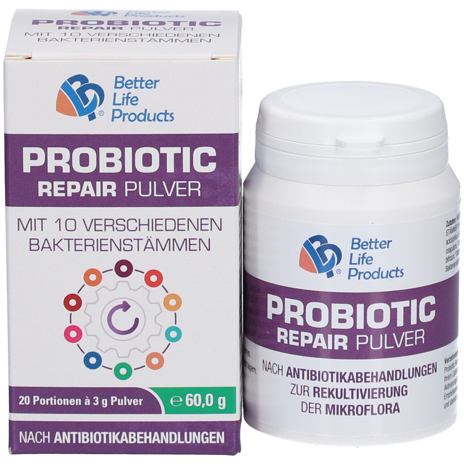 Better Life Products® Probiotic Repair Pulver, boîte et carton. Blanc, violet. 10 souches bactériennes.