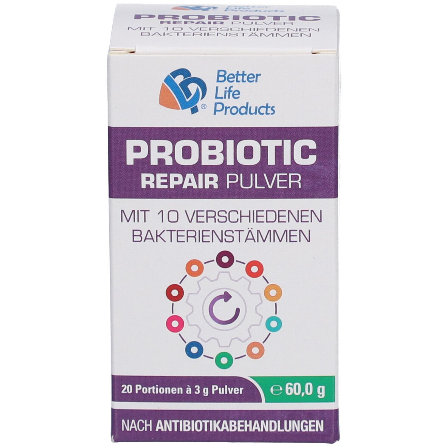 Boîte Better Life Products® Probiotic Repair Pulver. Face avant avec nom du produit et logo.