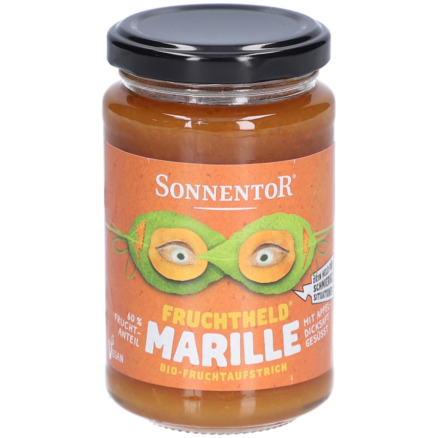 Pot de confiture. Étiquette orange avec logo, illustration et texte 'Marille'. Couvercle noir.
