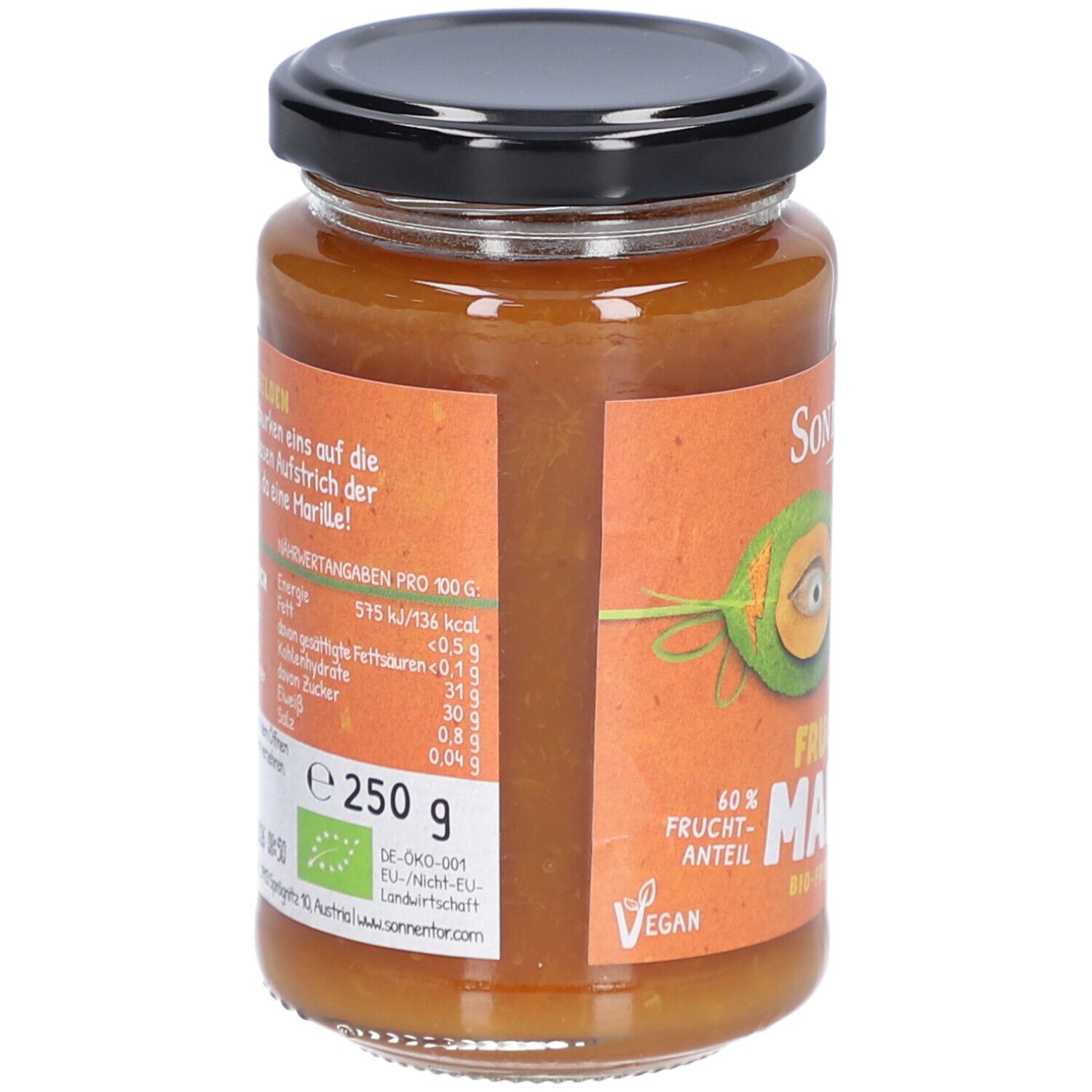 Pot de confiture. Dos avec informations nutritionnelles et liste des ingrédients. Couvercle noir. 250g.