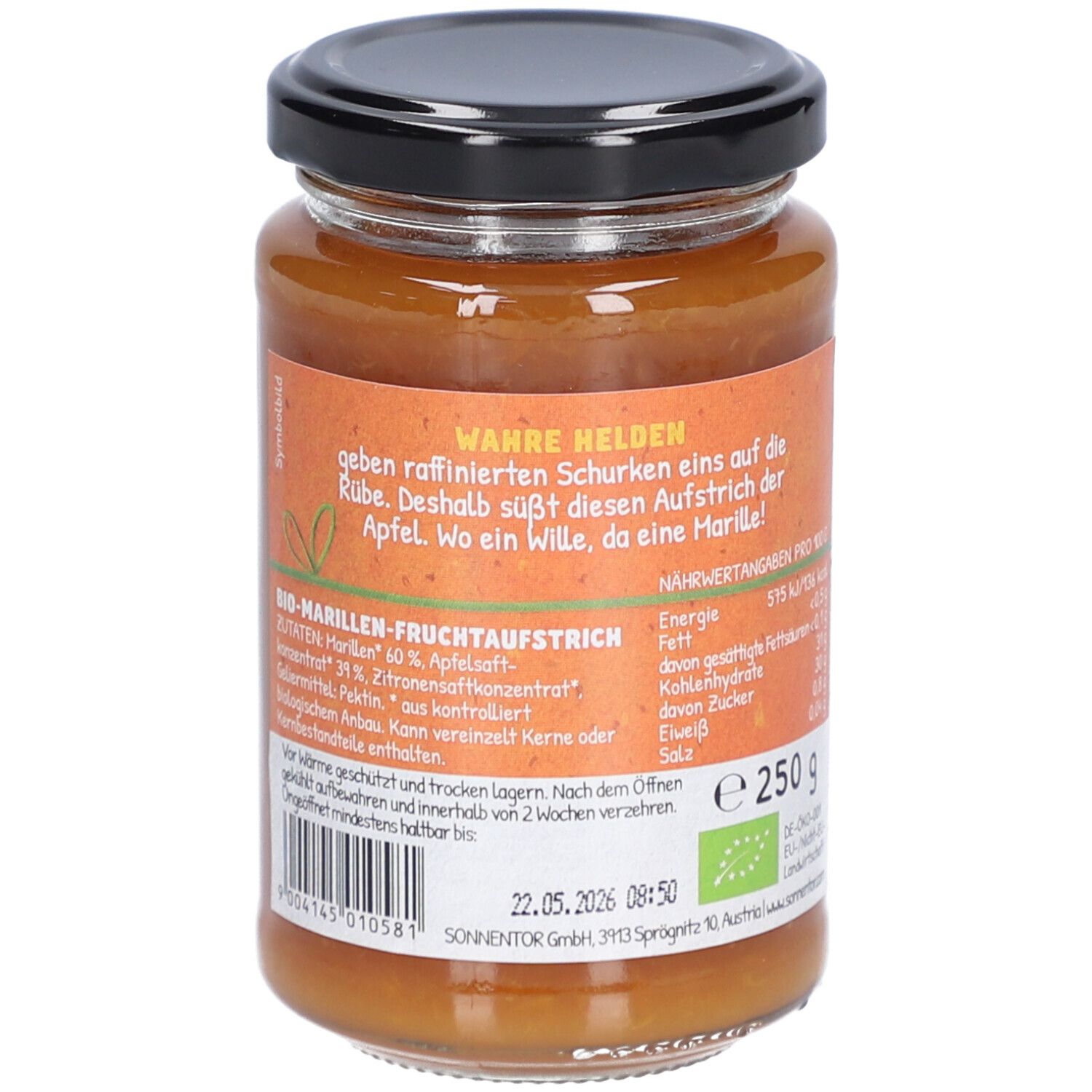 Pot de confiture. Dos avec texte et liste des ingrédients. Couvercle noir. 250g. Label bio.