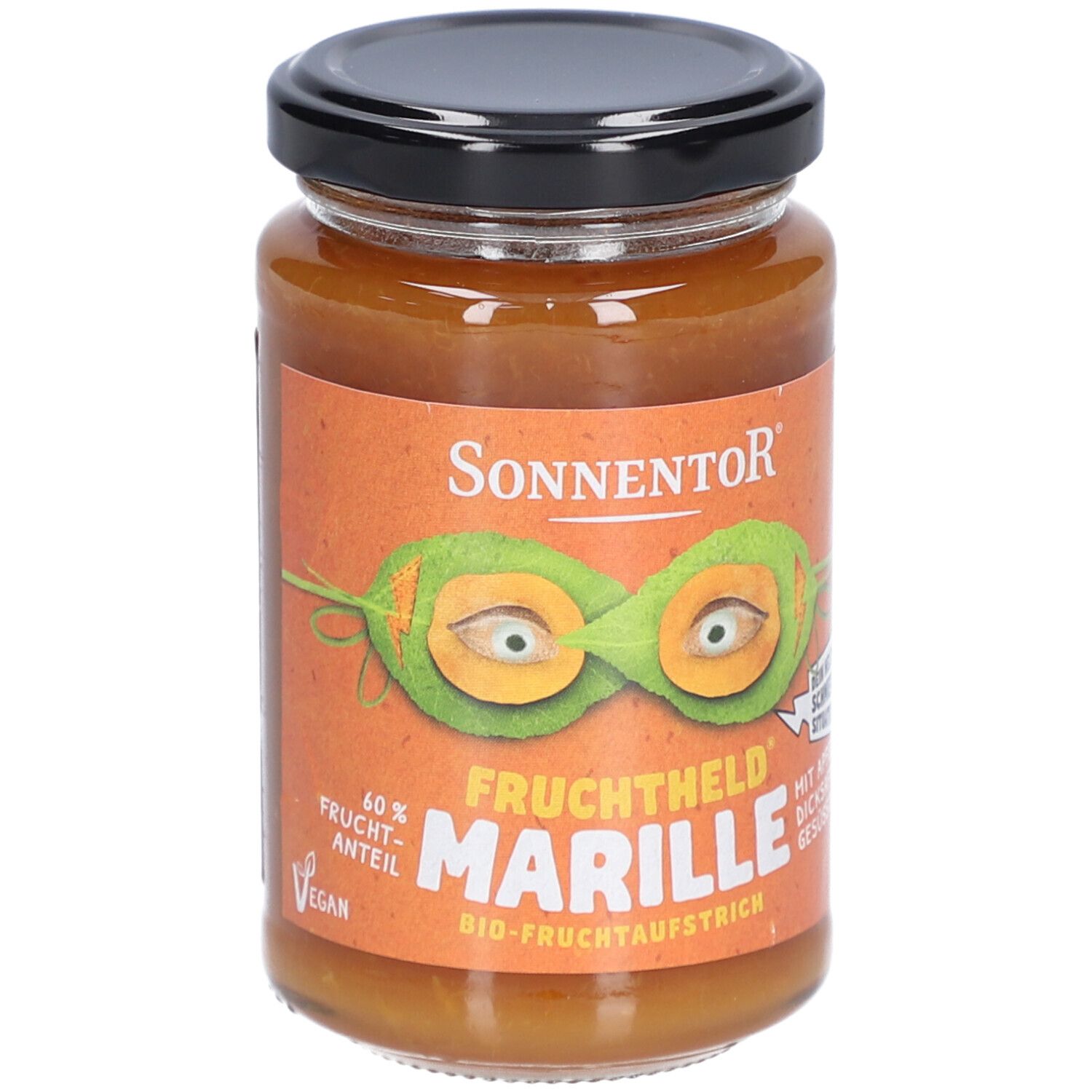 Pot de confiture. Étiquette orange avec logo, illustration et texte 'Marille'. Couvercle noir.