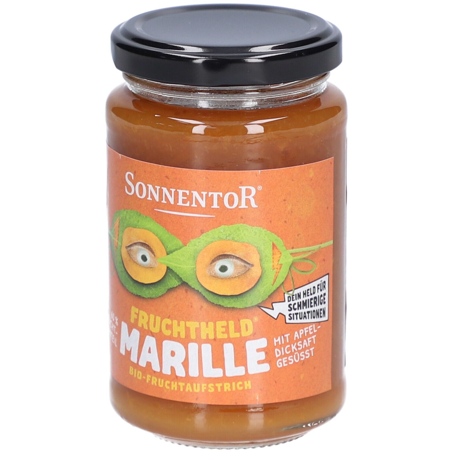 Pot de confiture. Étiquette orange avec logo, illustration et texte 'Marille'. Couvercle noir.