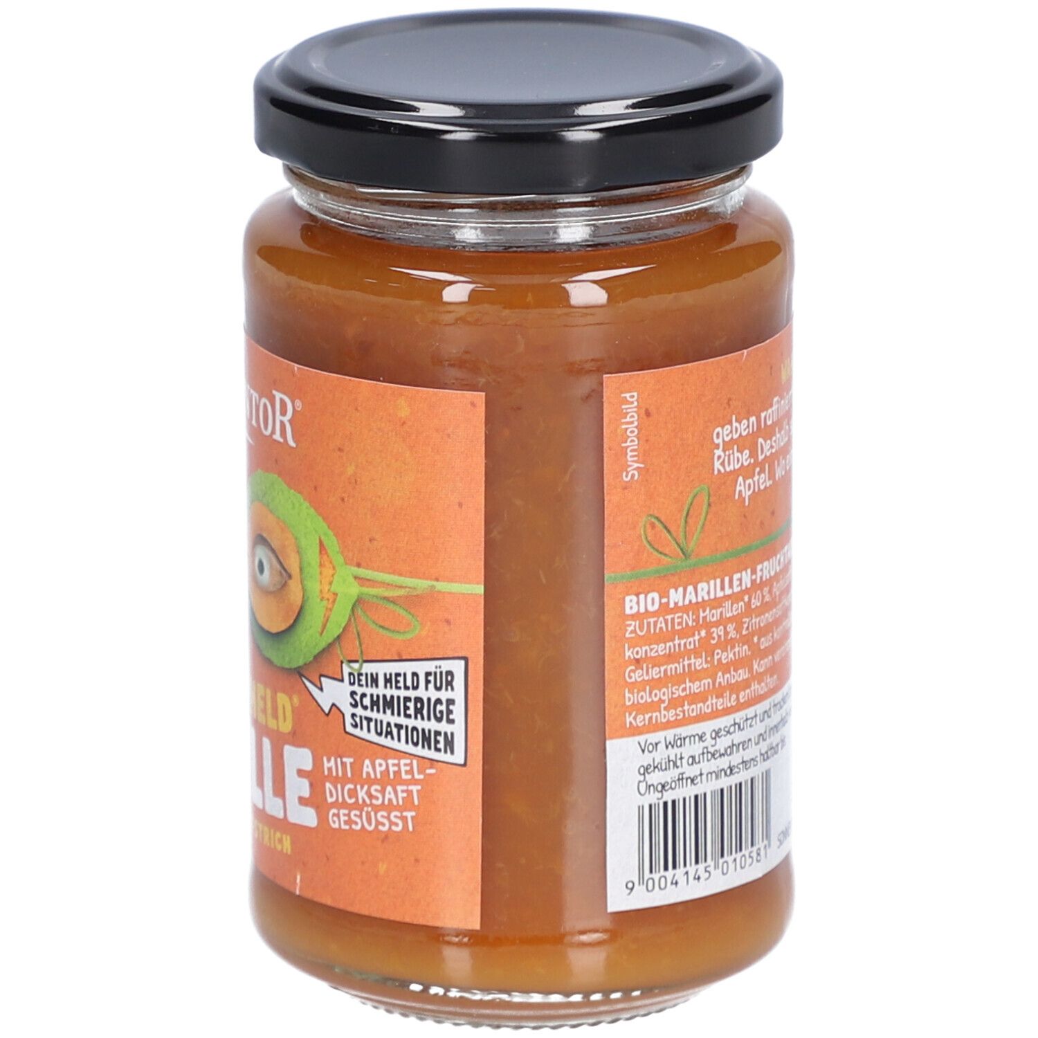 Pot de confiture. Dos avec texte et liste des ingrédients. Couvercle noir. Label bio. 250g.