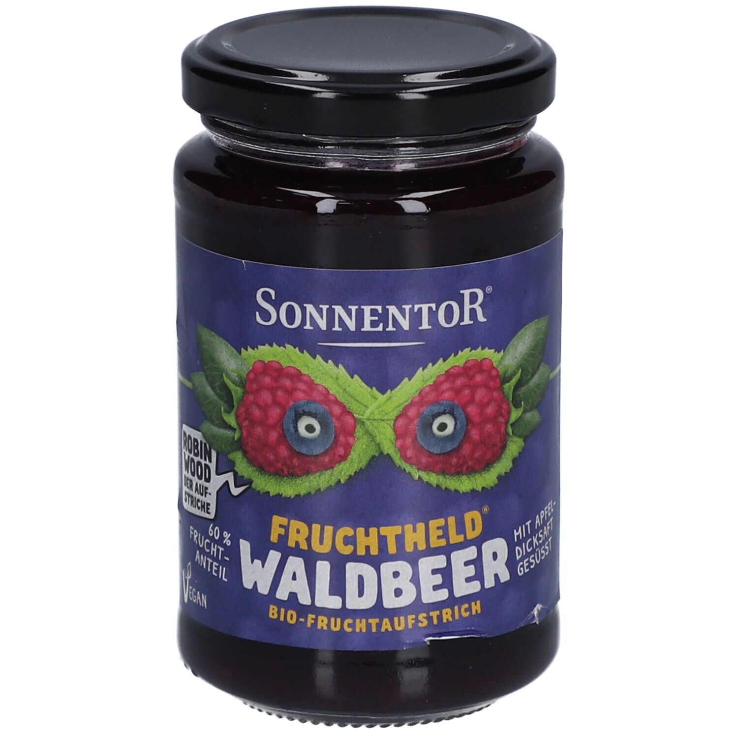 Pot de confiture de fruits aux baies des bois. Étiquette avec logo et nom du produit. Couvercle noir. Qualité biologique.