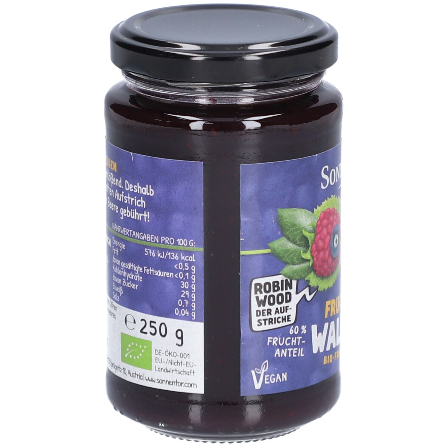 Pot de confiture de fruits aux baies des bois. Dos avec informations nutritionnelles et ingrédients. Couvercle noir. 250g.