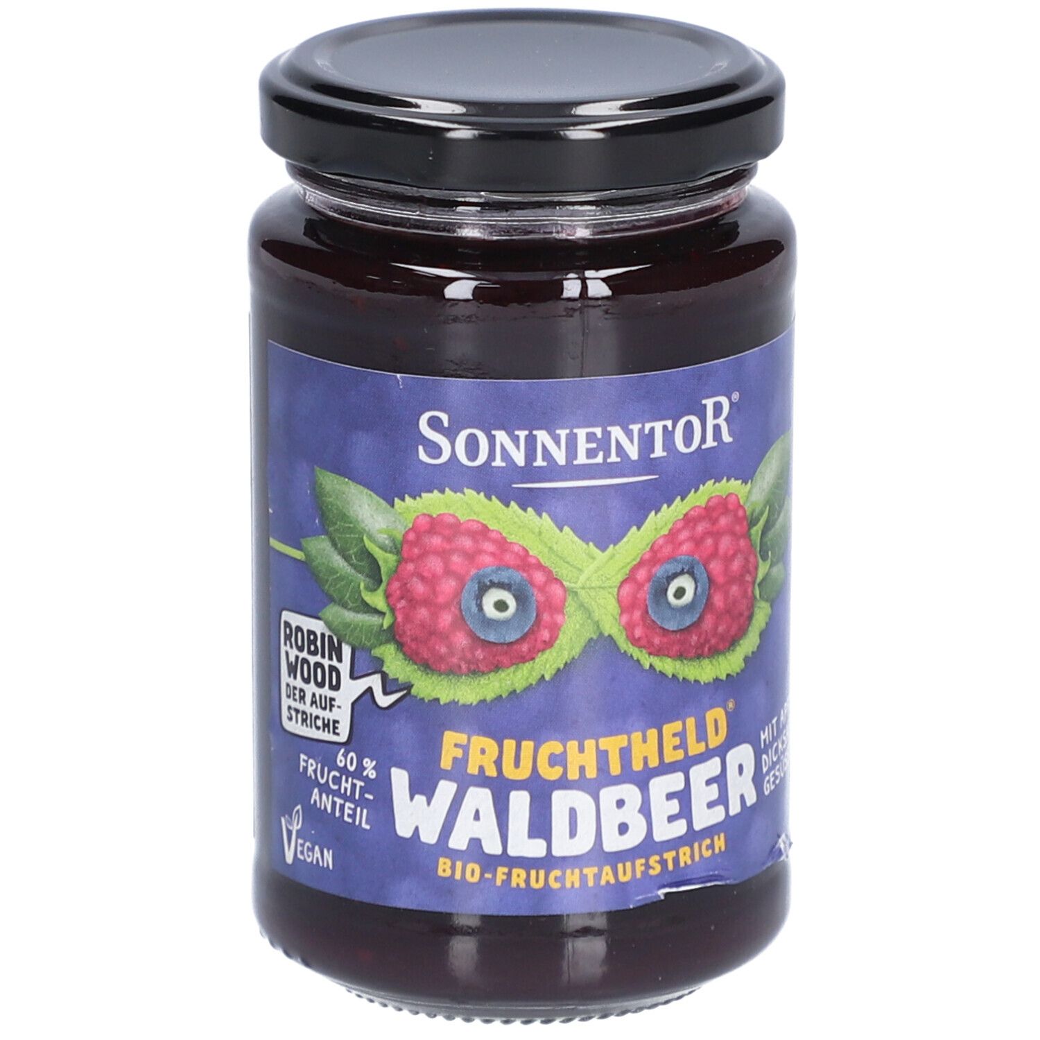 Pot de confiture de fruits aux baies des bois. Étiquette avec logo et nom du produit. Couvercle noir. Qualité biologique.