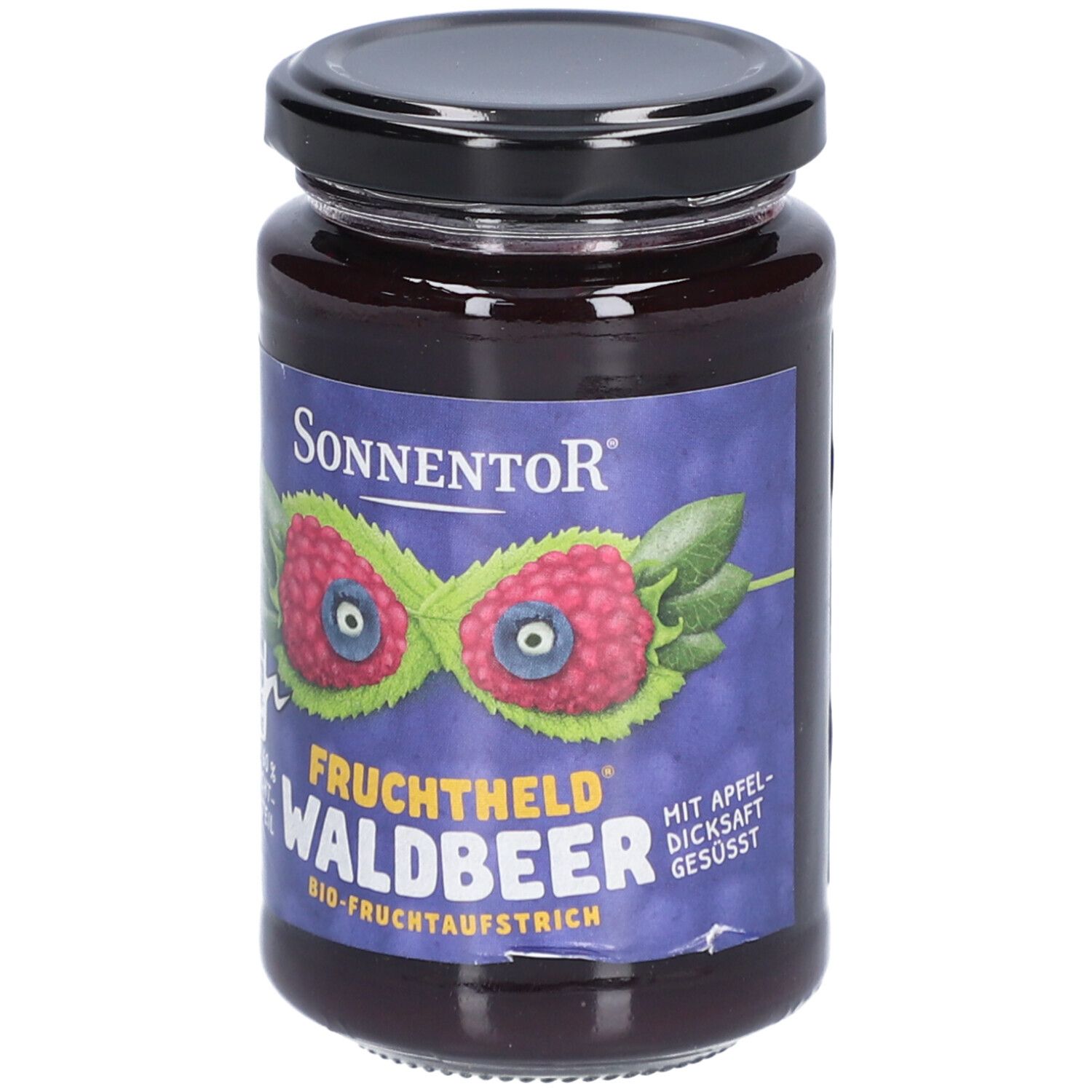 Pot de confiture de fruits aux baies des bois. Étiquette avec logo et nom du produit. Couvercle noir. Qualité biologique.