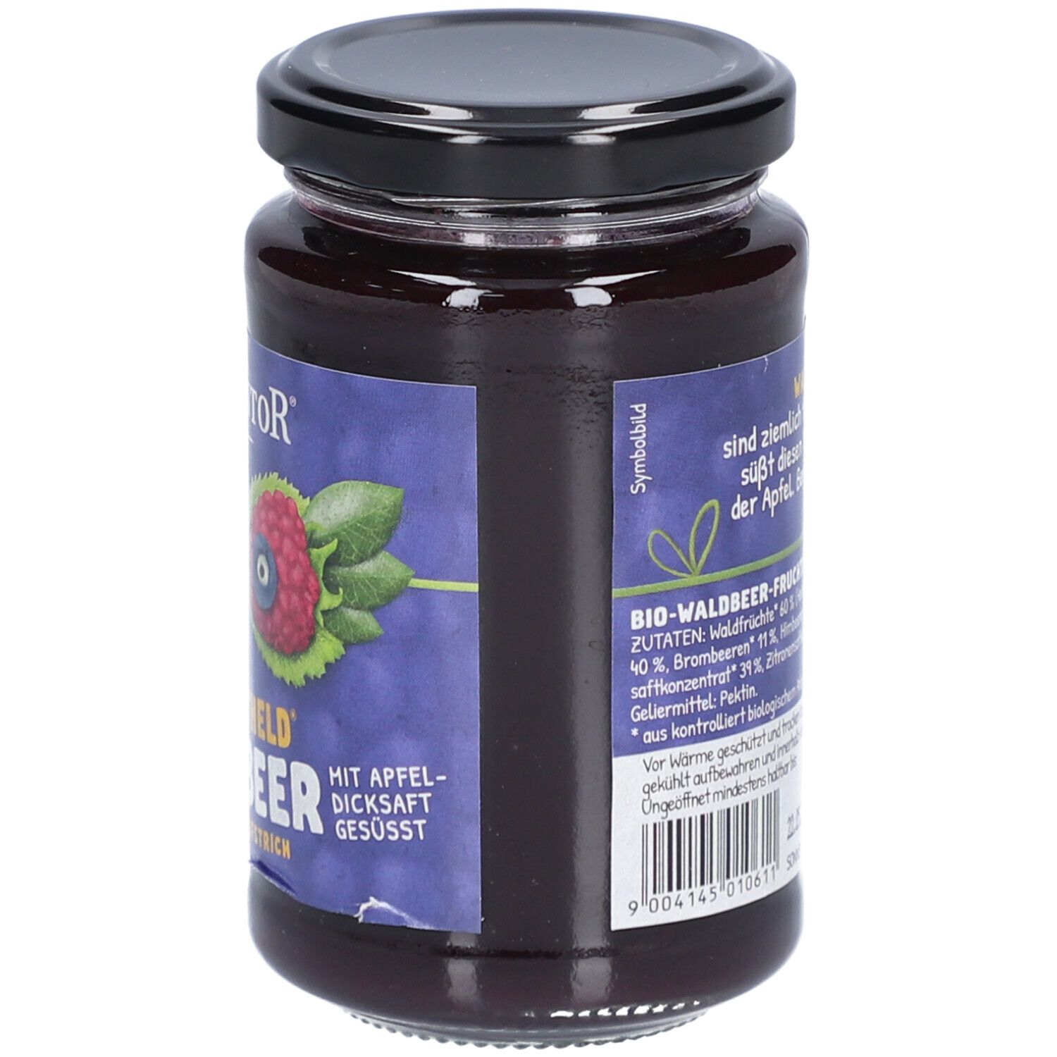 Pot de confiture de fruits aux baies des bois. Côté avec logo et nom du produit. Couvercle noir. Qualité biologique.