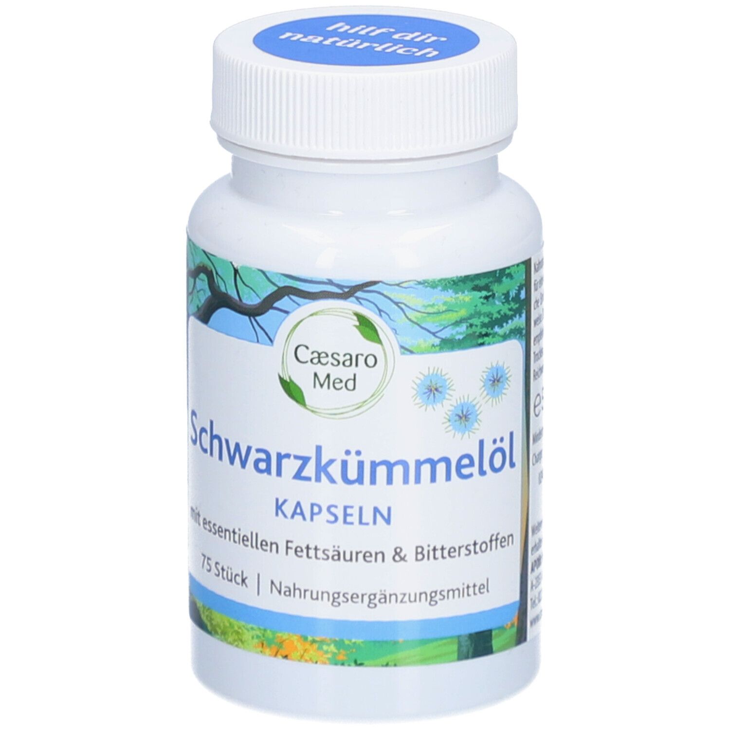 Flacon blanc avec bouchon bleu. Inscription: Caesaro Med Schwarzkümmelöl Kapseln. 75 pièces. Complément alimentaire.