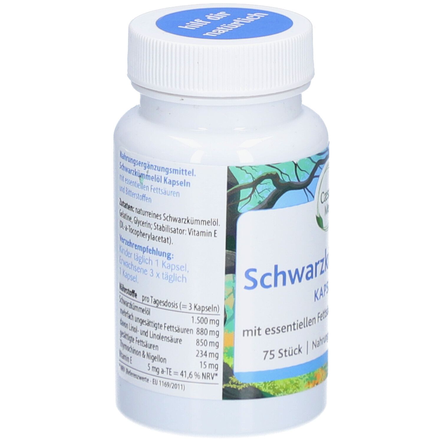 Flacon blanc avec bouchon bleu. Inscription: Caesaro Med Schwarzkümmelöl Kapseln. Ingrédients, recommandation de consommation, nutriments par dose quotidienne.