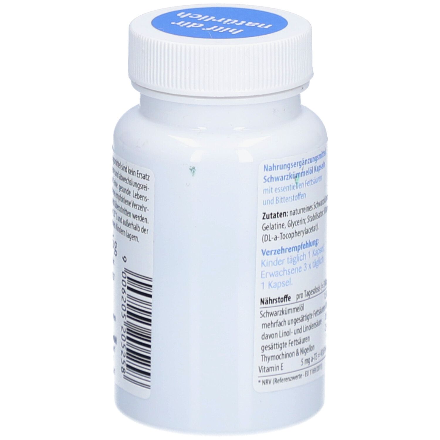 Flacon blanc avec bouchon bleu. Inscription: Complément alimentaire. Ingrédients, recommandation de consommation, nutriments par dose quotidienne.