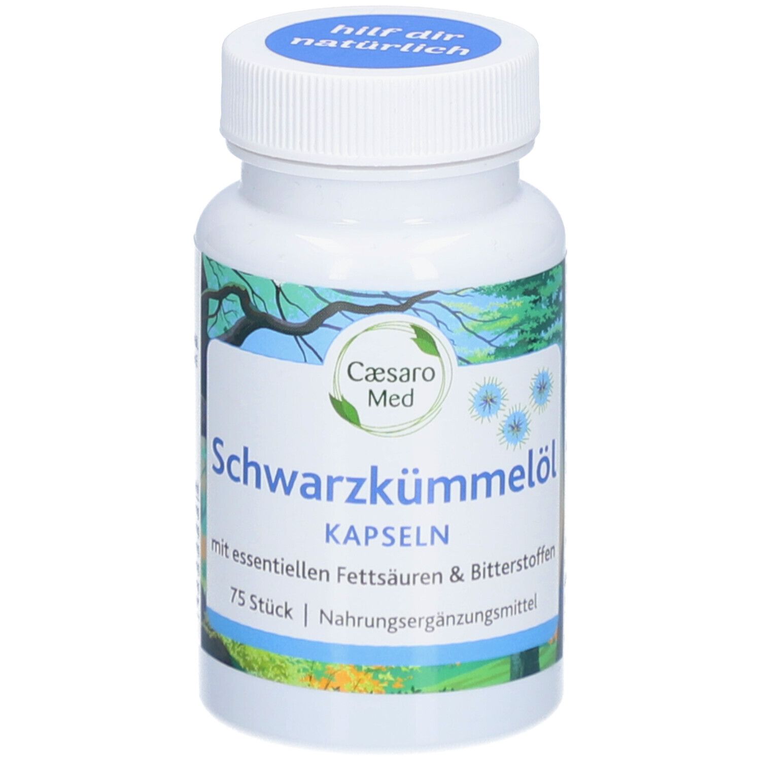 Flacon blanc avec bouchon bleu. Inscription: Caesaro Med Schwarzkümmelöl Kapseln. 75 pièces. Complément alimentaire.