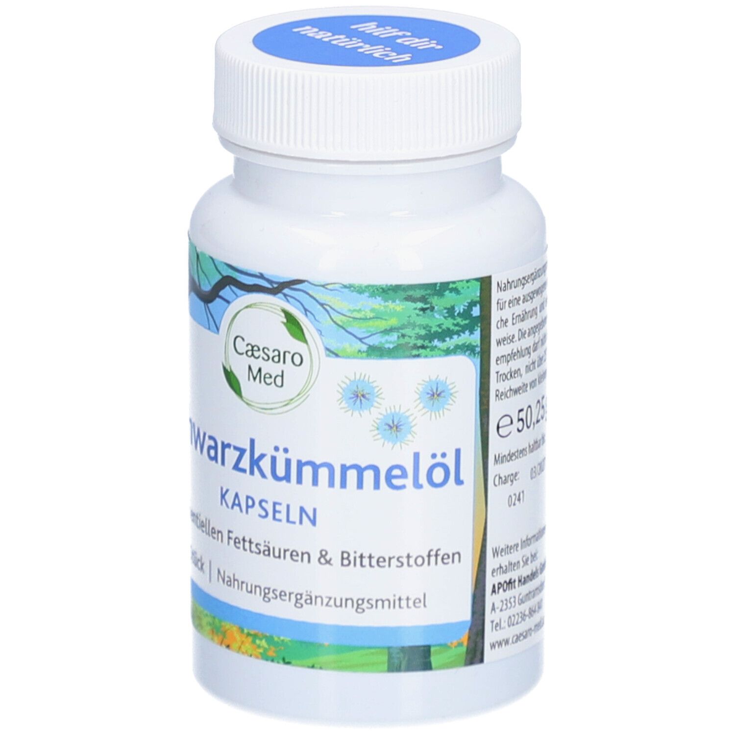 Flacon blanc avec bouchon bleu. Inscription: Caesaro Med Schwarzkümmelöl Kapseln. 75 pièces. Complément alimentaire. A consommer de préférence avant.