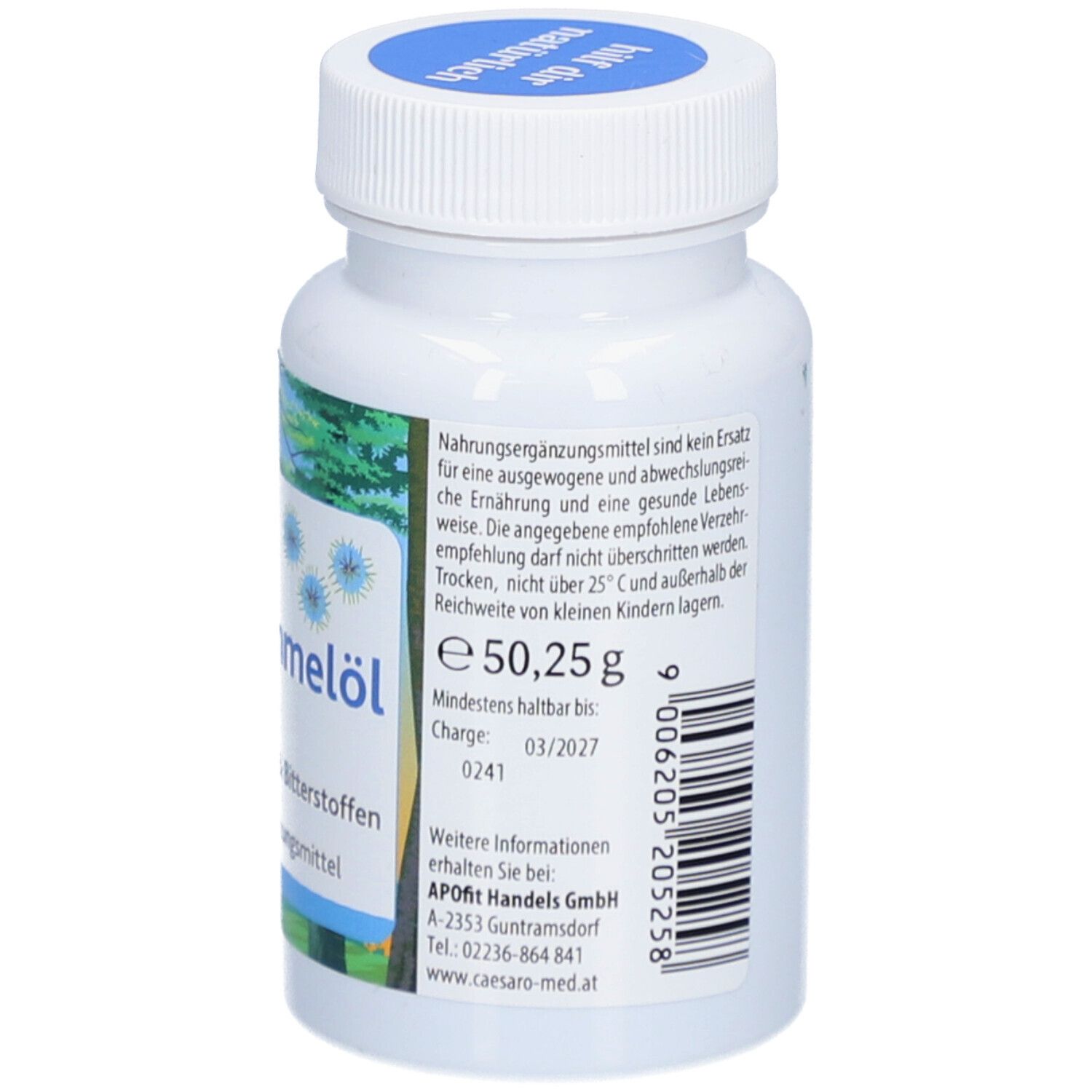 Flacon blanc avec bouchon bleu. Inscription: Complément alimentaire. A consommer de préférence avant. Poids: 50,25 g. Numéro de lot.