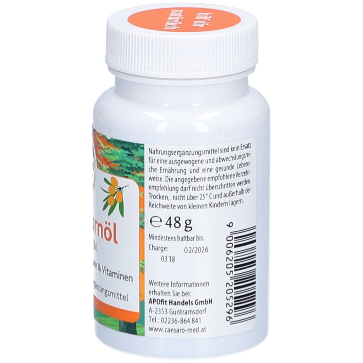 Dos du flacon blanc. Texte avec ingrédients et informations nutritionnelles. 48g.