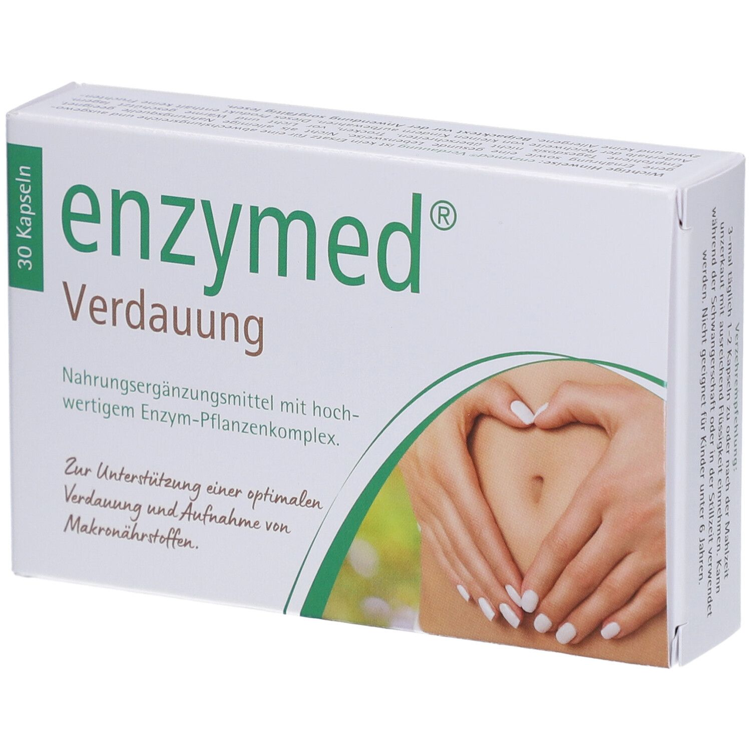 Weiße Schachtel mit "enzymed Verdauung"-Aufdruck. 30 Kapseln. Abbildung einer Hand, die einen Bauch umarmt.