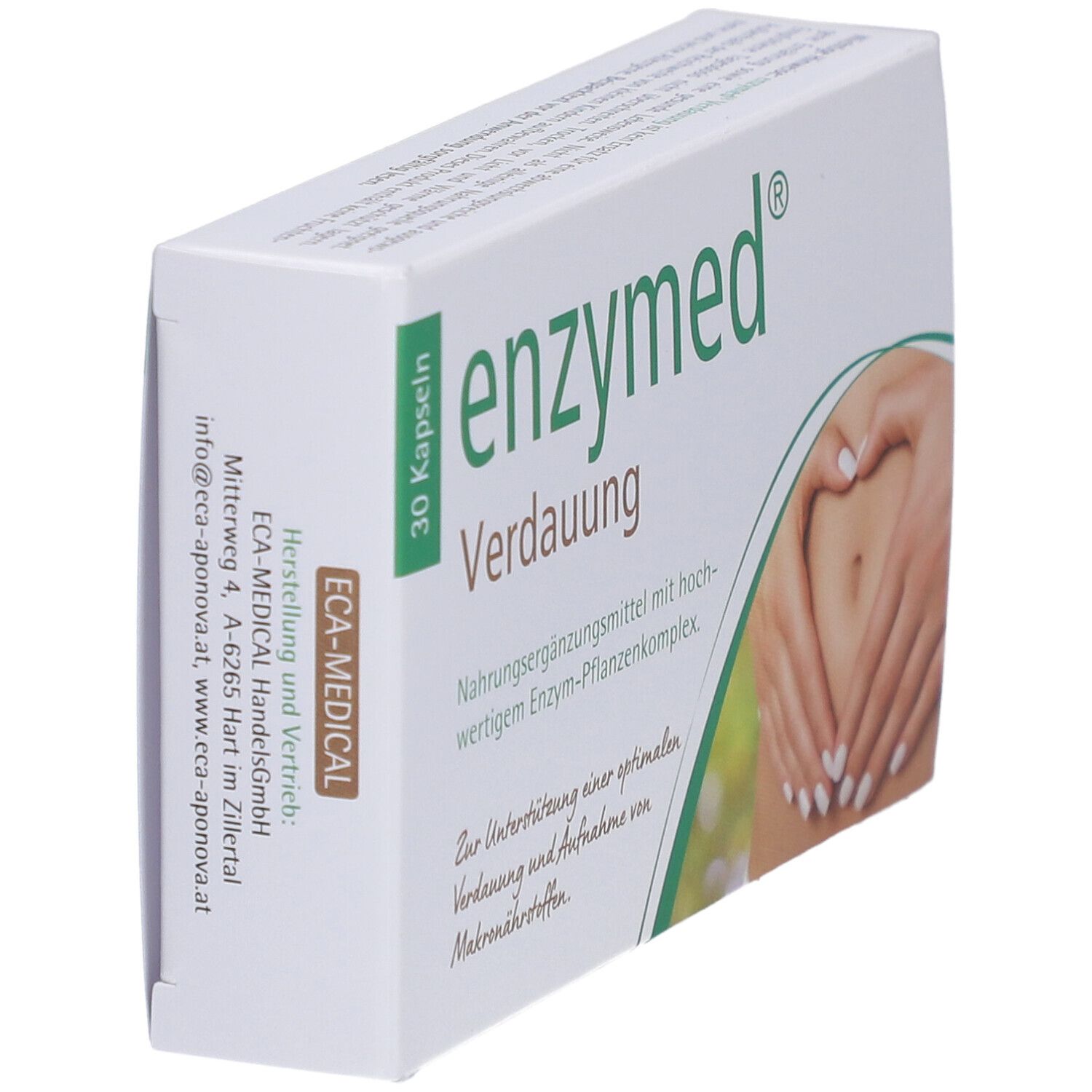Weiße Schachtel mit "enzymed Verdauung"-Aufdruck. 30 Kapseln. Eckansicht. Text: ECA-MEDICAL.