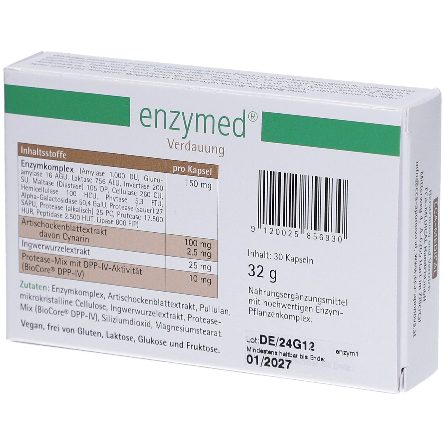 Weiße Schachtel mit "enzymed Verdauung". Inhaltsstoffe und Nährwertangaben. 30 Kapseln, 32 g.