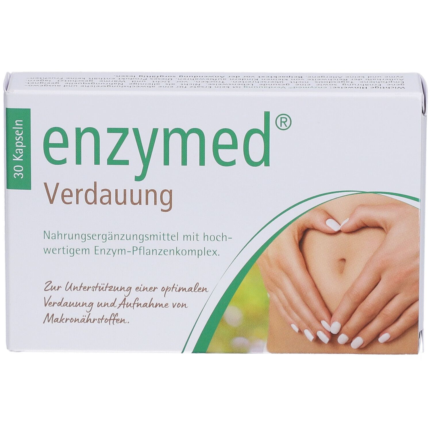 Weiße Schachtel mit "enzymed Verdauung"-Aufdruck. 30 Kapseln. Abbildung einer Hand, die einen Bauch umarmt.