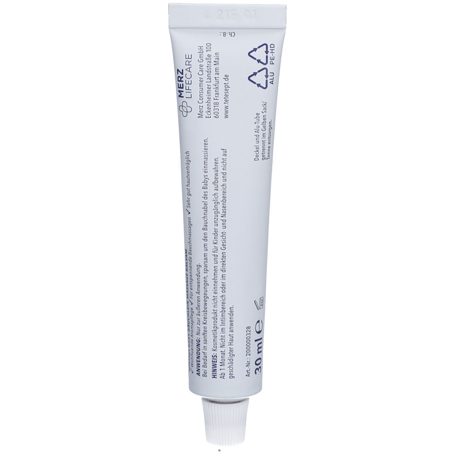 Rückseite der Tetesept Baby Bäuchlein Massagebalsam Tube. Text: 30 ml, Inhaltsstoffe, Herstellerinformationen.