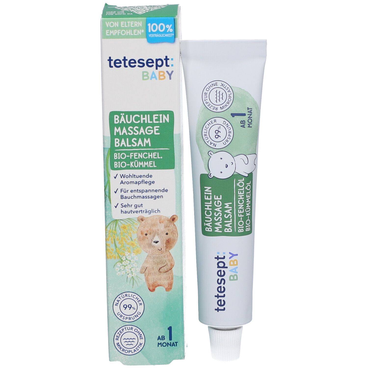 Tetesept Baby Bäuchlein Massagebalsam mit Verpackung. Tube und Schachtel. Text: Bio-Fenchel, Bio-Kümmel, ab 1 Monat.