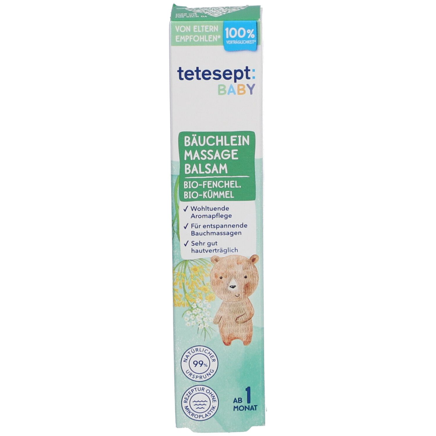 Verpackung Tetesept Baby Bäuchlein Massagebalsam. Text: Bio-Fenchel, Bio-Kümmel, ab 1 Monat, Bär-Illustration.