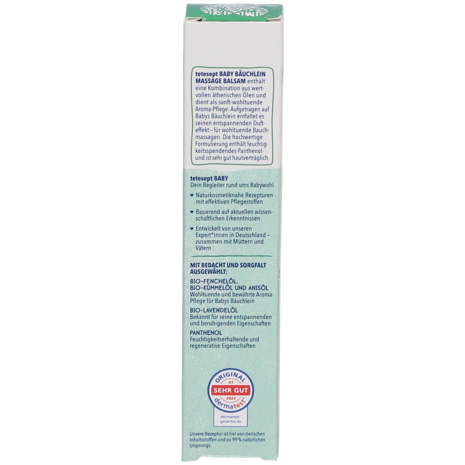 Linke Seite der Verpackung Tetesept Baby Bäuchlein Massagebalsam. Text: Produktbeschreibung, Inhaltsstoffe.