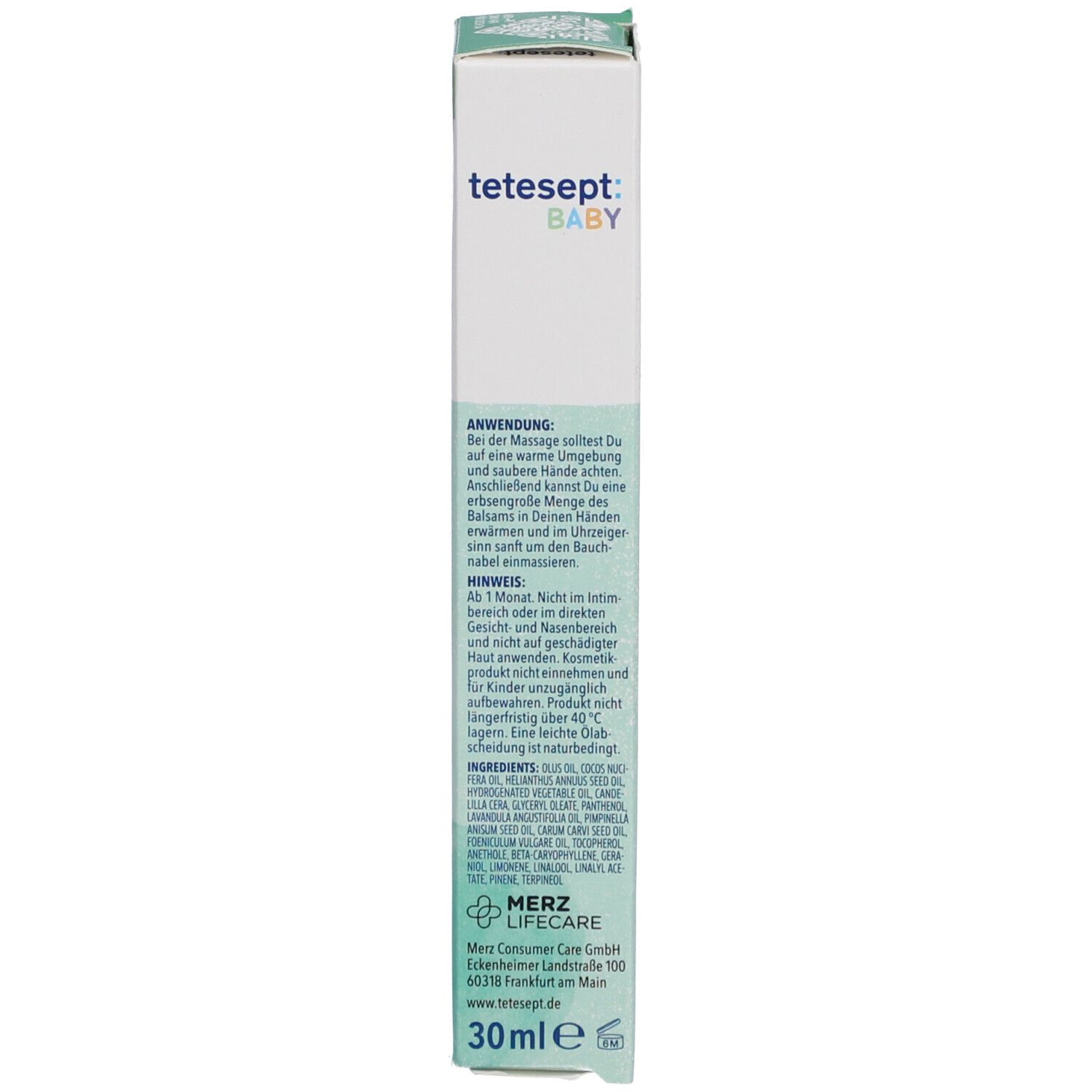 Rechte Seite der Verpackung Tetesept Baby Bäuchlein Massagebalsam. Text: Anwendung, Herstellerinformationen, 30 ml.