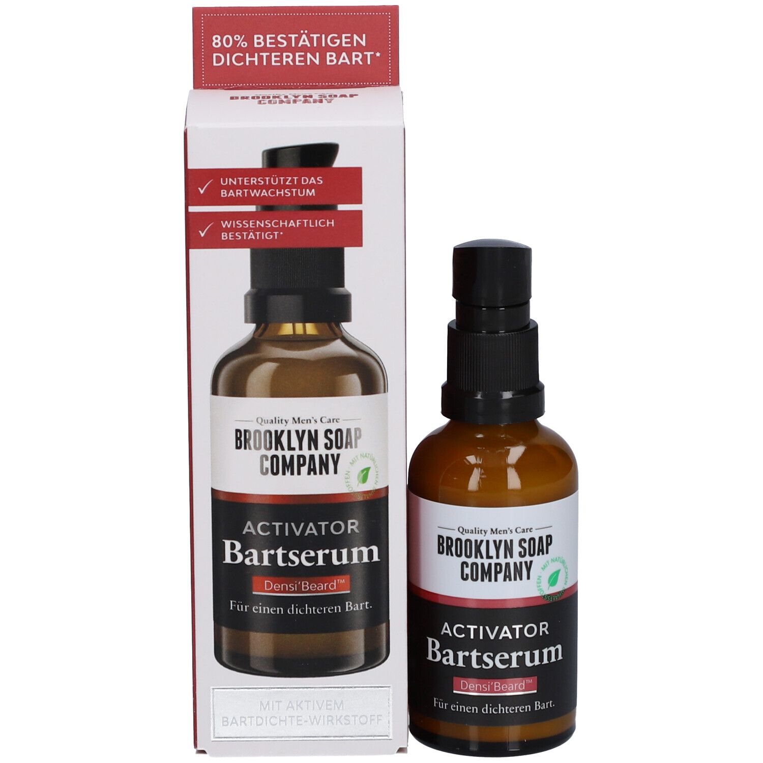 Produktflasche und Verpackung. Braune Flasche mit schwarzem Pumpkopf. Verpackung mit Produktname und Logo.