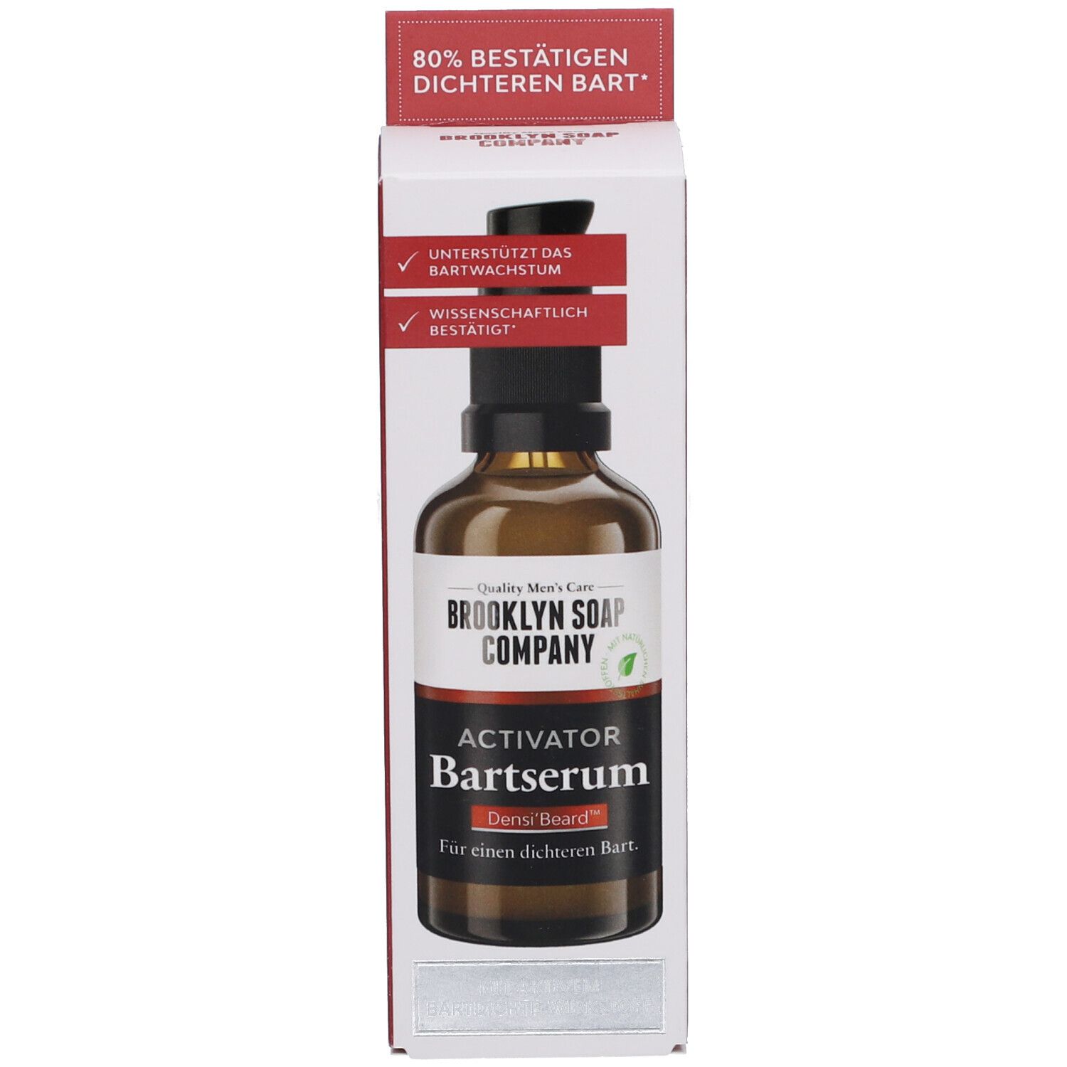 Produktflasche und Verpackung. Braune Flasche mit schwarzem Pumpkopf. Verpackung mit Produktname und Logo.