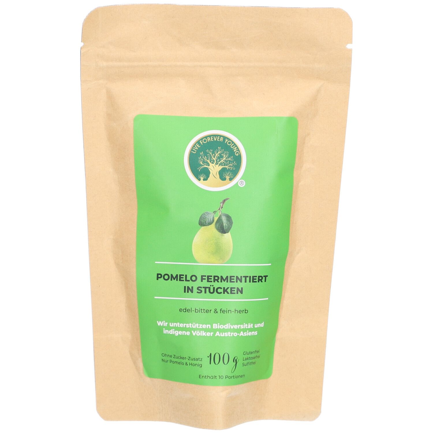 Beutel mit grünem Etikett. Aufschrift: Pomelo fermentiert in Stücken. Logo: Baum mit Schriftzug.
