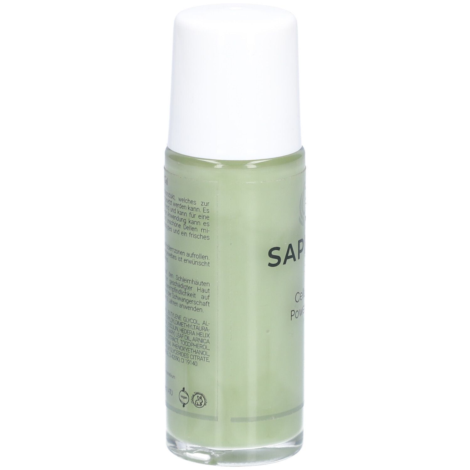 Flacon vert avec bouchon blanc. Dos avec texte. SAPHRÈ Cellulite Power Gel.