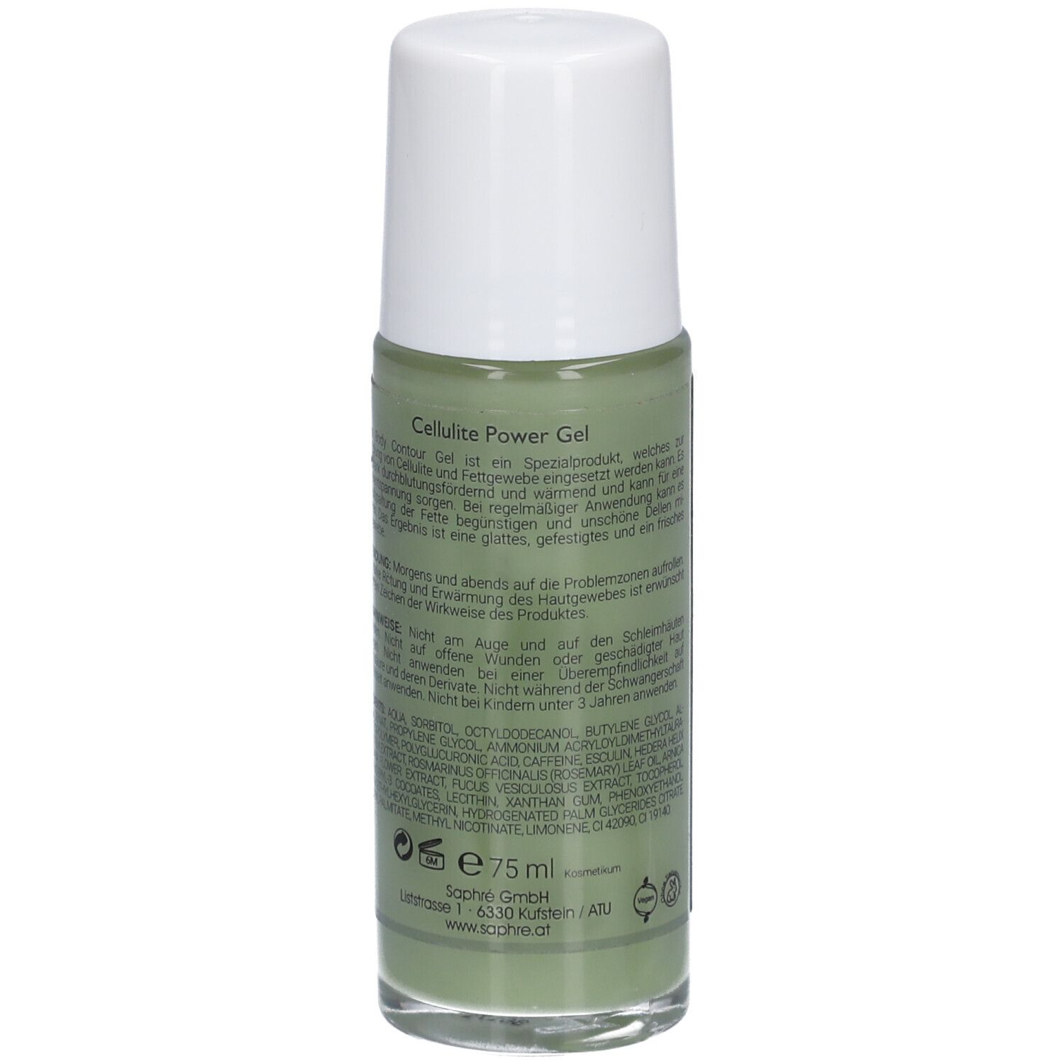Flacon vert avec bouchon blanc. Texte et ingrédients. SAPHRÈ Cellulite Power Gel.