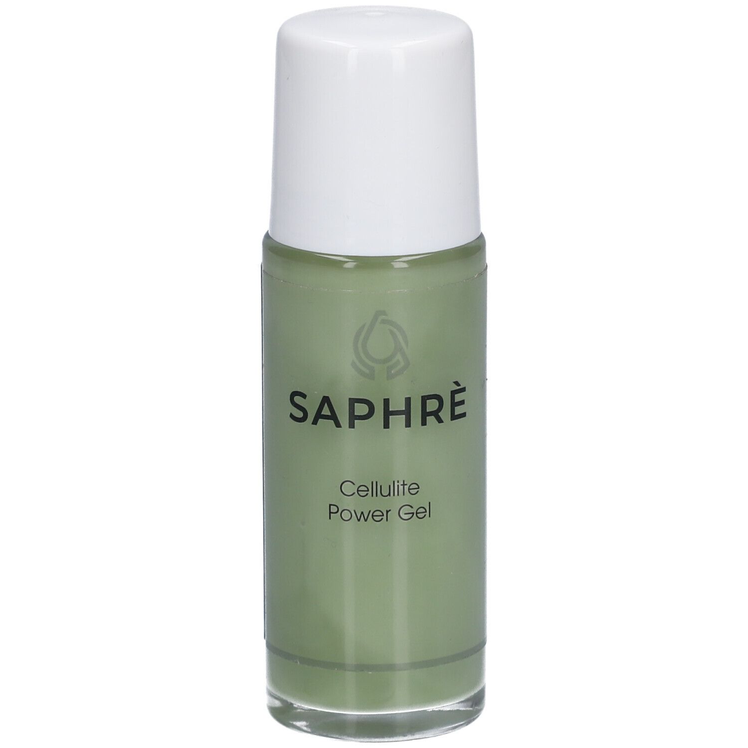 Flacon vert avec bouchon blanc. Inscription: SAPHRÈ Cellulite Power Gel.