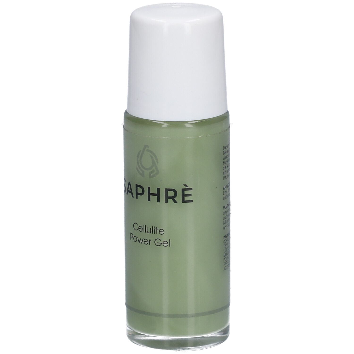 Flacon vert avec bouchon blanc. Inscription: SAPHRÈ Cellulite Power Gel.