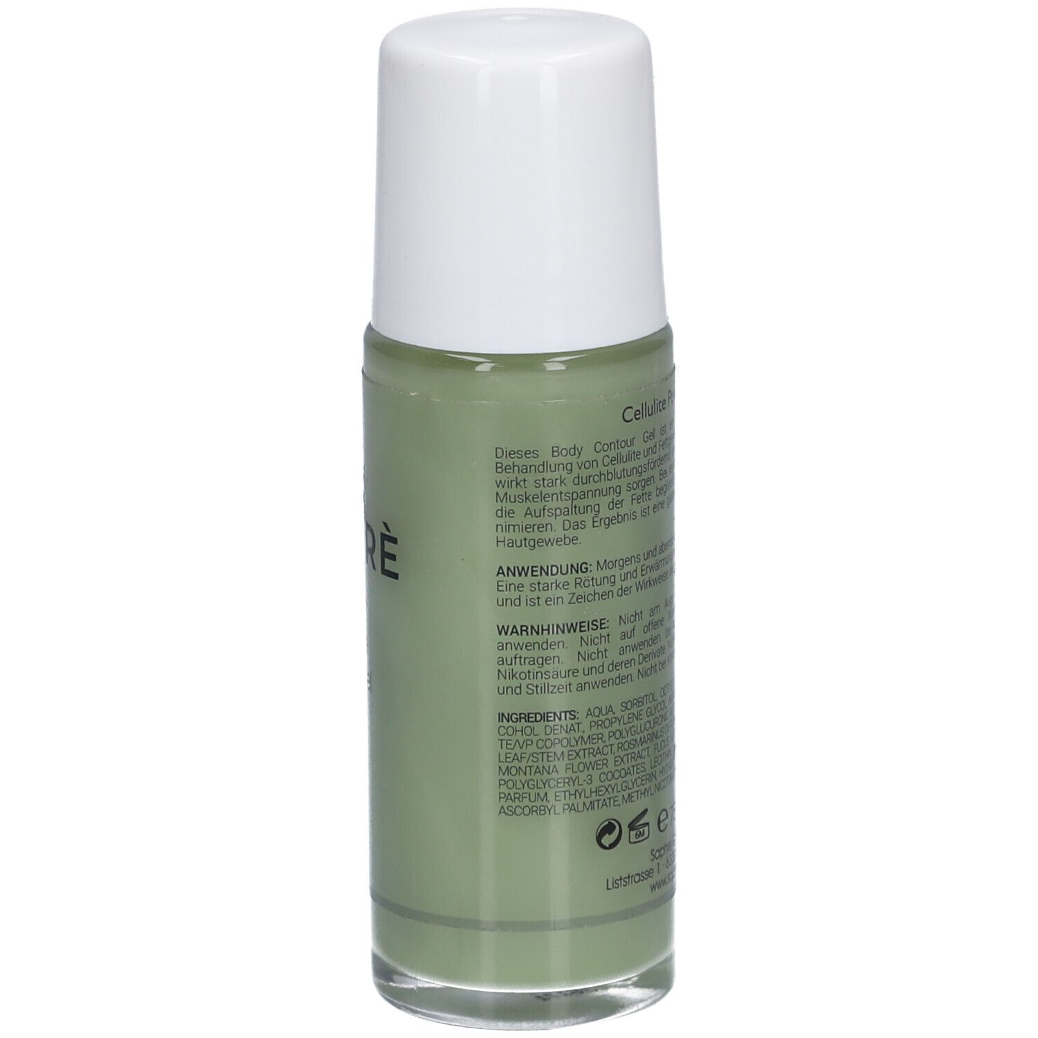 Flacon vert avec bouchon blanc. Texte et ingrédients. SAPHRÈ Cellulite Power Gel.