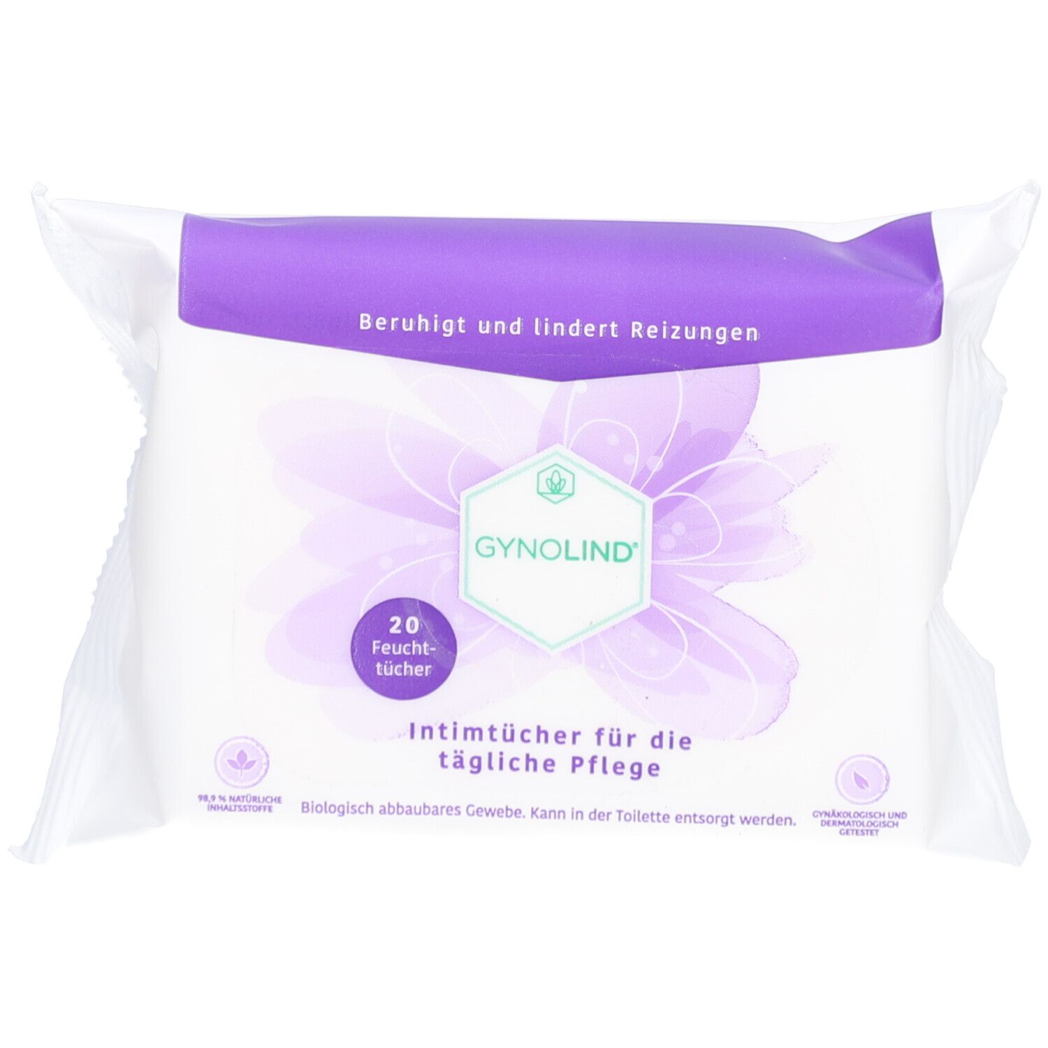 Paquet de lingettes intimes Gynolind. Emballage blanc avec accents violets. Nom du produit, motif floral et texte imprimés.