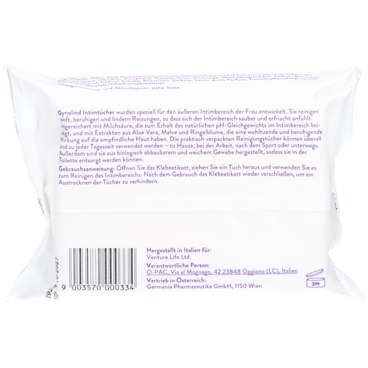 Dos du paquet de lingettes intimes Gynolind. Blanc avec texte et code-barres. Informations fabricant et mode d'emploi.