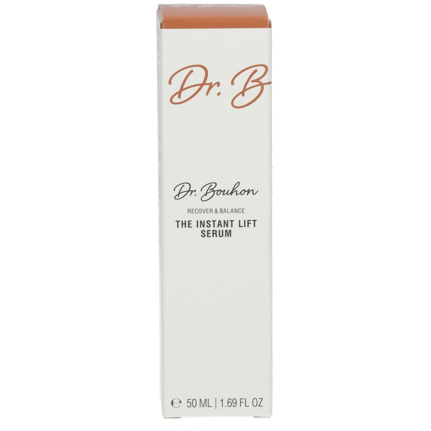 Dr. Bouhon The Instant Lift Serum. Weiße Verpackung mit braunem Deckel. Schriftzug in Braun. Produktname und Volumenangabe.