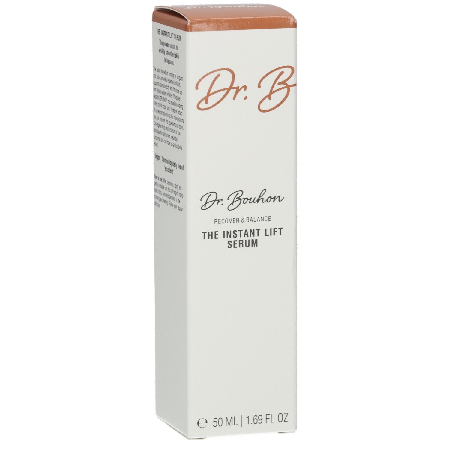 Dr. Bouhon The Instant Lift Serum. Weiße Verpackung mit braunem Deckel. Schriftzug in Braun. Produktname und Volumenangabe.