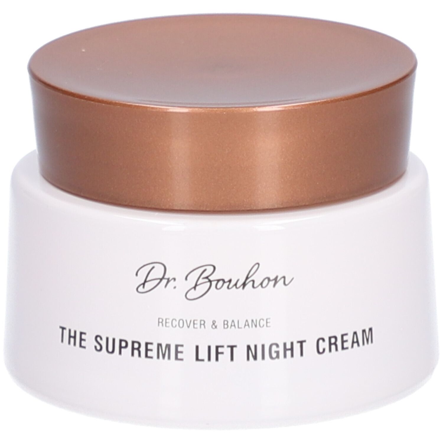 Pot de crème avec couvercle marron. Inscription : Dr. Bouhon, THE SUPREME LIFT NIGHT CREAM.
