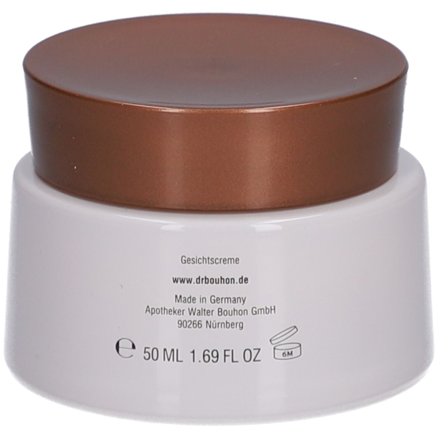 Pot de crème avec couvercle marron. Inscription : Gesichtscreme, drbouhon.de, 50 ml, 1.69 FL OZ.